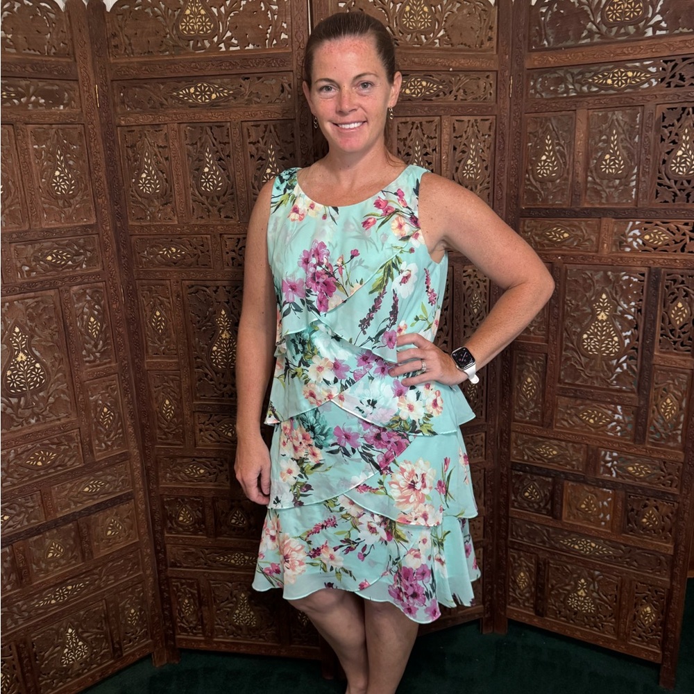 SLNY Mint and Pink Floral Midi Dress